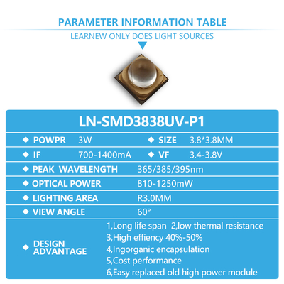 3W UVA LED Chip 365nm Lunghezza d'onda 3.8x3.8mm Dimensione