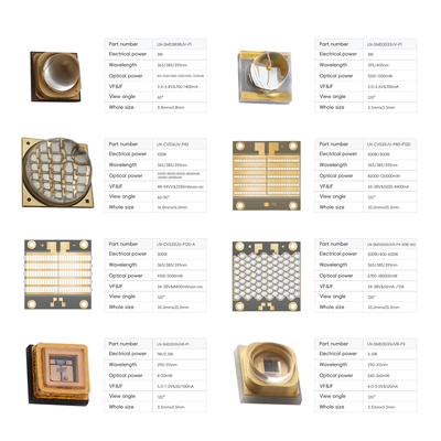 3.5x3.5mm UV LED Chip 1W-50W 300-385nm per la cura medica
